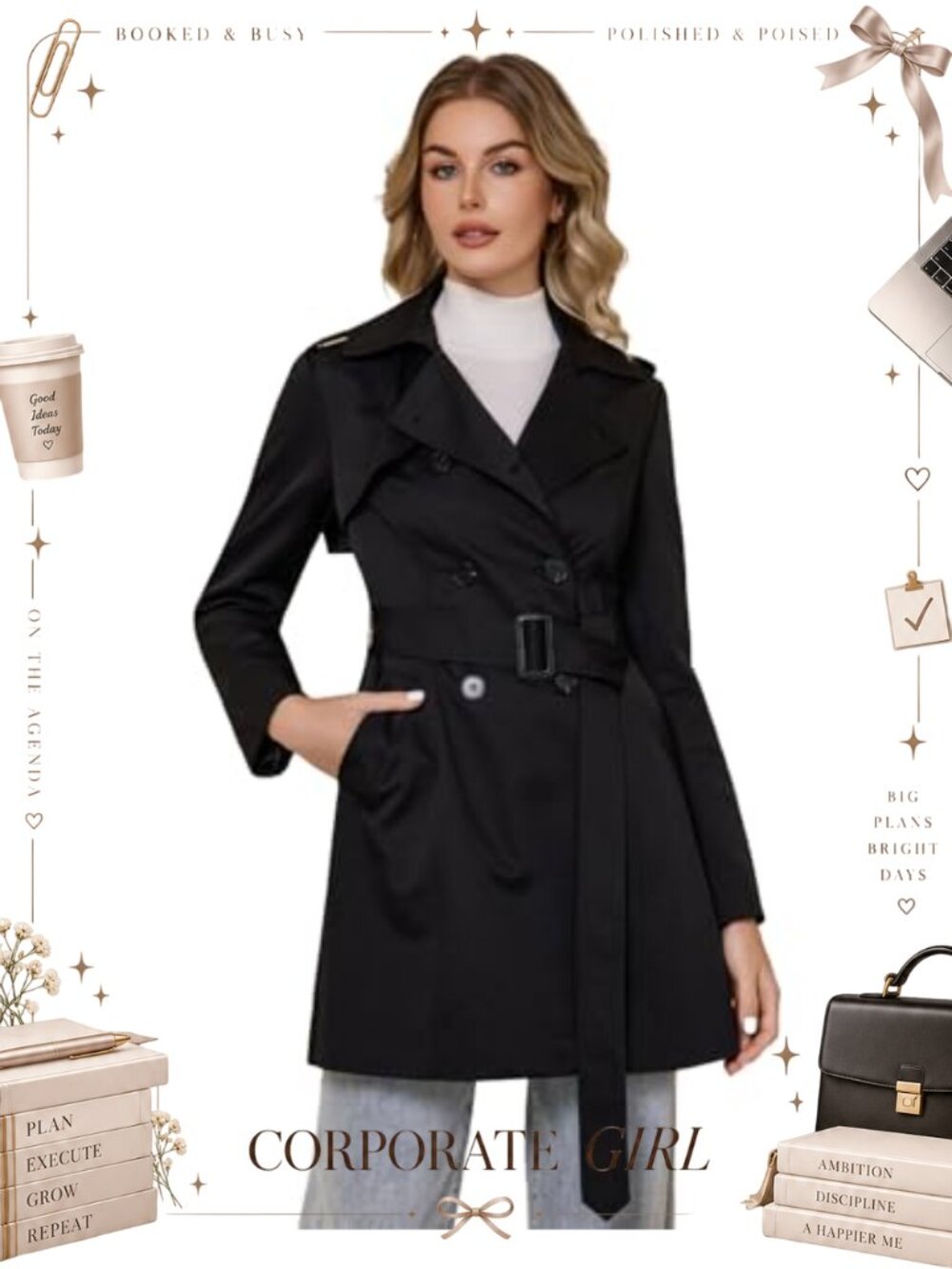 Women's Double Breasted Trench Coat Midi Slim Belted Windproof